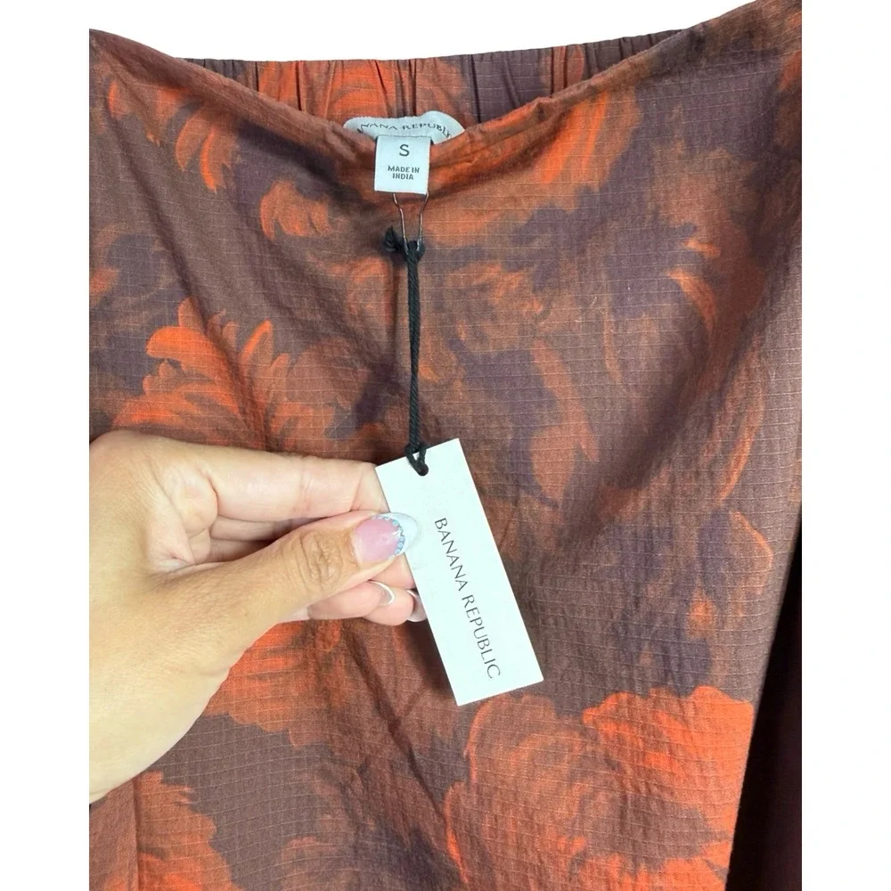 Banana Republic Floral Puff‎ Sleeve Top Brown Orange Square Neck Small NWT